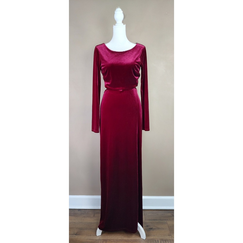 Lulus Burgundy Velvet Open Back Maxi Dress Long Sleeve Side Slit Wine Red Medium